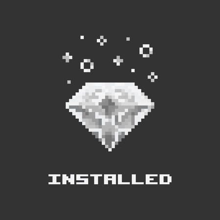 vector illustration / white shiny pixel crystal with simple flat art shapes around for computer...
