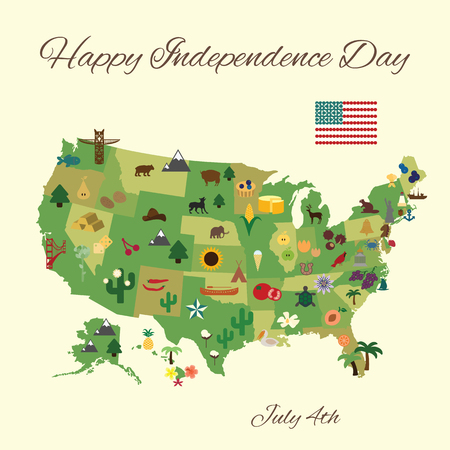 vector illustration / happy 4th of july grreting card / states symbols on the map of Americaのイラスト素材
