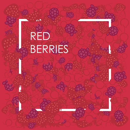 vector illustration / flat red berries background with white square frame and text / strawberries raspberries and cranberries mix for wallpaper or poster designのイラスト素材
