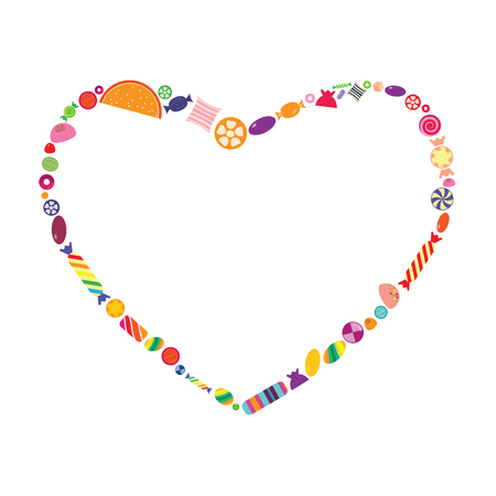 vector illustration of heart shape frame with colorful candies for greeting cards and celebration decorationのイラスト素材