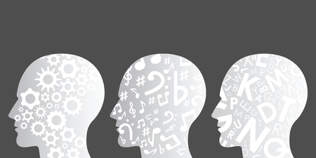 vector illustration of three human heads with different patterns for thinking styles visuals or various skills conceptのイラスト素材