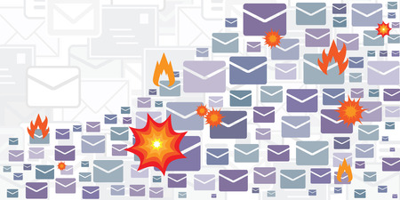 vector illustration of letters stream with flames and explosions for urgent correspondence and spam mail application visualsのイラスト素材