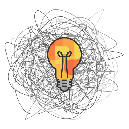 vector illustration of yellow bulb and messy sketched cloud for problem solving skills visualのイラスト素材