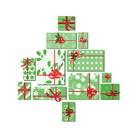 vector illustration of gift boxes shaped in Christmas tree for celebration greeting and invitation cardsのイラスト素材