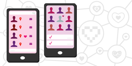 vector illustration of finding dating partner application for mobile phone with hearts symbols in pink colorsのイラスト素材
