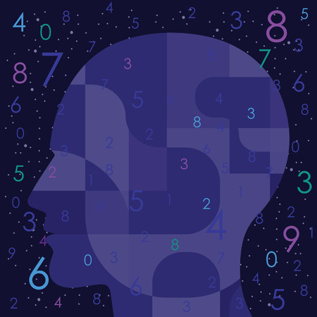 vector illustration of human head silhouette and numerology concept on night cosmic blue sky backgroundのイラスト素材
