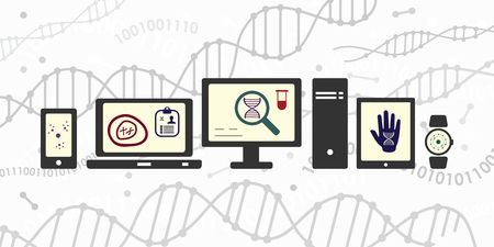 vector illustration of DNA and genomics research devices computers and tablets for digital health...