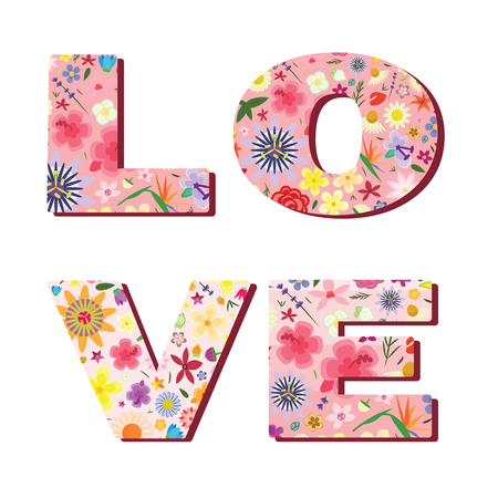 vector illustration of love printed letters with floral romantic design of fontのイラスト素材