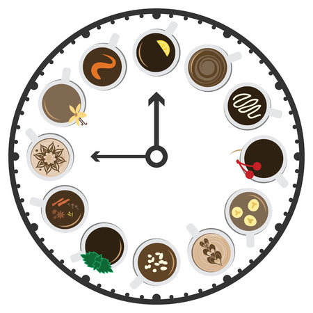 vector illustration of coffee cups and clock for happy hours in cafe menu or social media barista postingのイラスト素材