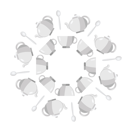 vector illustration of coffee cups spoons and teapots in ornamental mandala like circle design for menu and kitchen decorationのイラスト素材