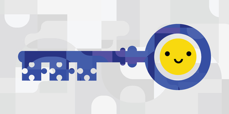 vector illustration of horizontal banner for key to happiness concept with smiling face emojiのイラスト素材