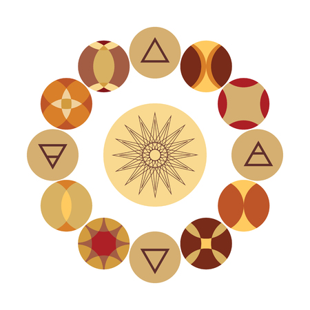 vector illustration of wheel of year and nature symbols in geometrical circle design with retro colorsのイラスト素材
