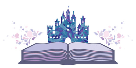 vector illustration of book and castle with pastel swirls for fairytales visuals in blue and pink colorsのイラスト素材