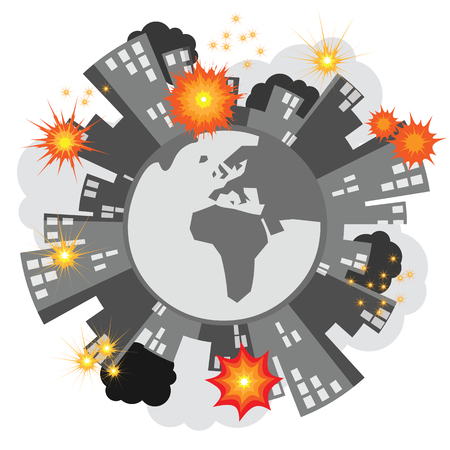 vector illustration of burning homes on the planet for ecological disaster and global war and armed conflicts problems conceptのイラスト素材