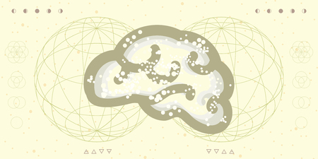 vector horizontal illustration of brain and hemispheres/ancient symbols/ moon phases in retro style vintage colorsのイラスト素材
