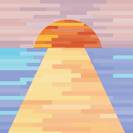 vector illustration of bright summer background with sunset view bungalow and shimmering water in mosaic tiles styleのイラスト素材