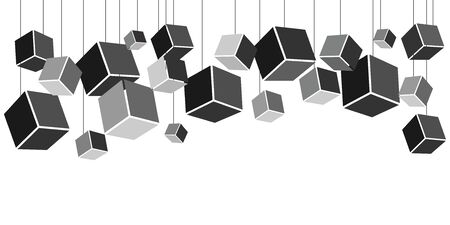 vector illustration of horizontal banner with plenty of hanging cubes for modern art installation concepts in black and grey colorsのイラスト素材