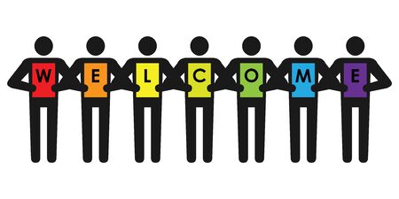 vector illustration of people holding greeting text welcome in minimalistic man sign styleのイラスト素材