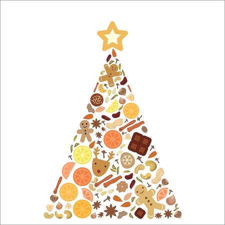 vector illustration of pine tree composed by spices and dried fruits with cookie star on the top as Christmas cooking conceptのイラスト素材
