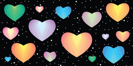 vector illustration of colorful rainbow spectrum hearts for cosmic love concepts on dark sky background  for Valentines Day designのイラスト素材