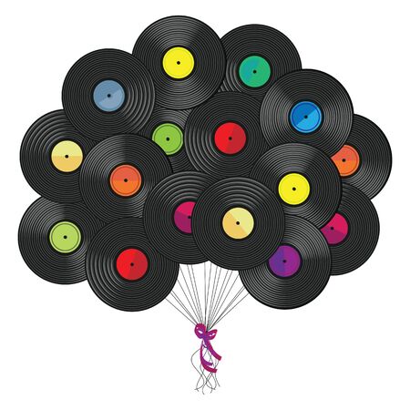 vector illustration of vinyl records plates stylized as balloons in air for retro music poster or vintage album cover concept designのイラスト素材