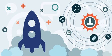 vector illustration of horizontal banner with rocket and sun system with planets for startup digital projects and innovationsのイラスト素材