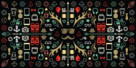 vector illustration of kaleidoscopic geometric horizontal banner with hipster symbols and dark backgroundのイラスト素材