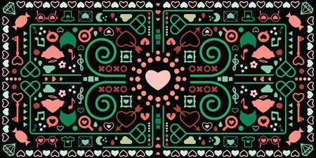 vector illustration of kaleidoscopic geometric horizontal banner with romantic symbols and dark backgroundのイラスト素材