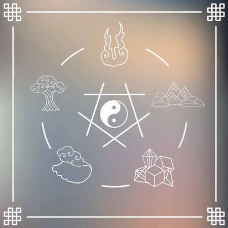 vector illustration of circle of  main natural elements in round shape design in asian art style with ying yang symbol in the middleのイラスト素材