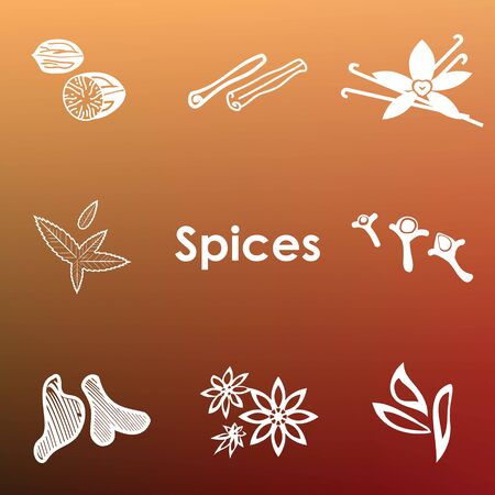 vector illustration of  different types of spices monochrome flat icons on abstract blurry backgroundのイラスト素材