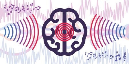 vector illustration of  horizontal banner with brain and sound waves for binaural sound conceptsのイラスト素材