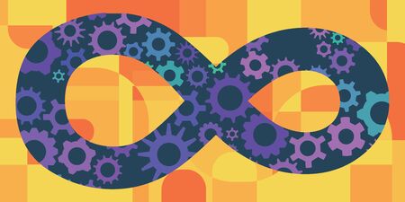 vector illustration of  horizontal banner with infinity symbol with cogs and gears for endless options or features conceptのイラスト素材