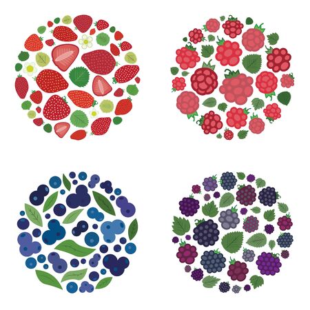 vector illustration of  four types of berries blueberries strawberries raspberries and blackberries in circle shape design on abstract blurry backgroundのイラスト素材