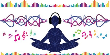 vector illustration of  horizontal banner with meditating person  and sound waves for binaural beat conceptsのイラスト素材