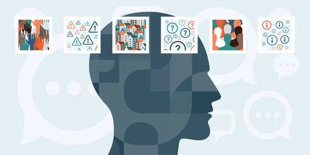 vector illustration of  human head silhouette with abstract pictures around for think and mental process conceptsのイラスト素材