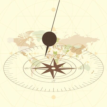 vector illustration of pendulum and compass with world map on background for mechanics and physics concepts in retro vintage styleのイラスト素材