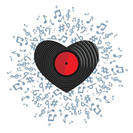 vector illustration of vinyl records plate stylized as heart with music notes  for retro music poster or vintage cover concept designのイラスト素材