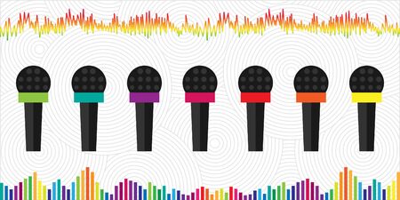 vector illustration of microphone rainbow colors sound waves and radio signals for podcast visualsのイラスト素材