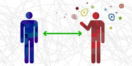 vector illustration of viruses and people keeping distance for infection risk and disease prevention...