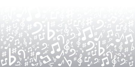 vector illustration of horizontal banner with musical notes flow for audio media concepts and designs on light gray gradient backgroundのイラスト素材