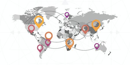 vector illustration of gray world map with colored navigation points and interactive services in...