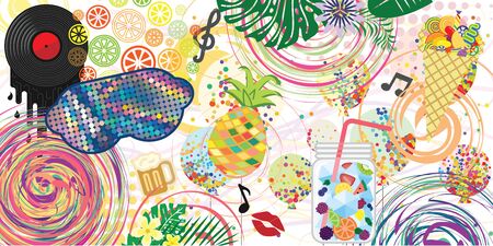 vector illustration of party mix with balloons glasses confetti drinks and foods for festival...