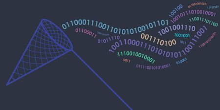 vector illustration of horizontal banner with binary computer code in wave shapes on dark blue background with catching netのイラスト素材