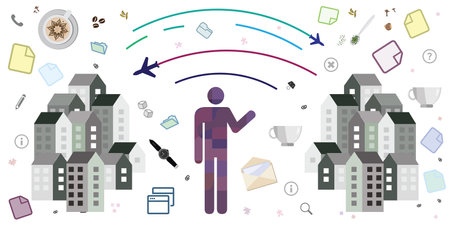 vector illustration of two cities planes and daily routine things and person in between two locationsのイラスト素材