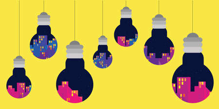 vector illustration of light bulbs with night city view inside for electrical power supply visualizationsのイラスト素材