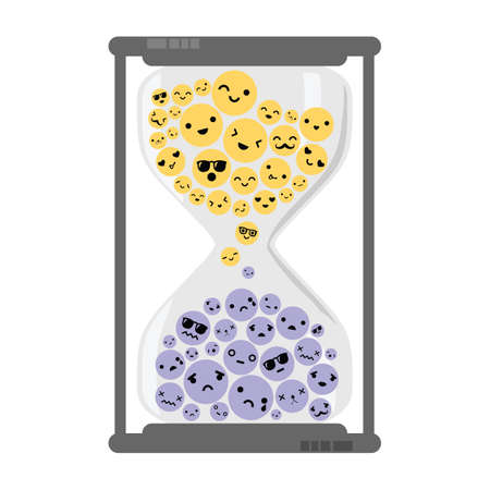 vector illustration of hourglass and emoji faces inside for bipolar disorder or emotional reaction...