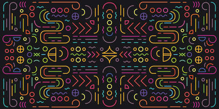 vector illustration of geometric symmetric motif with neon light lines on dark backgroundのイラスト素材