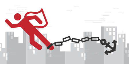 vector illustration of man in super hero posture with anchor and chain and money for paying burdens and hard obligations conceptのイラスト素材