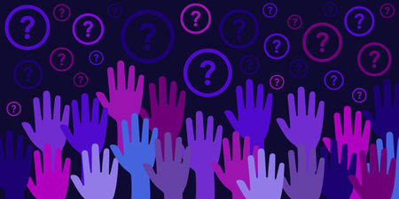 vector illustration of dark blue hands raised in the air and question marks for equality tolerance and human rights problemsのイラスト素材
