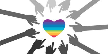 vector illustration with rainbow heart and pointing fingers for LGBTQ community problems manifestationのイラスト素材